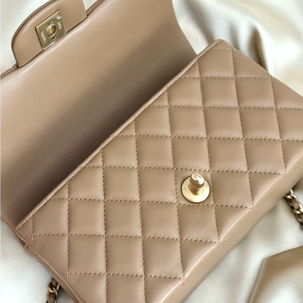 Authentic Chanel Mini Flap with Top Handle – Beige Lambskin & Gold Hardware NIB - Picture 11 of 12